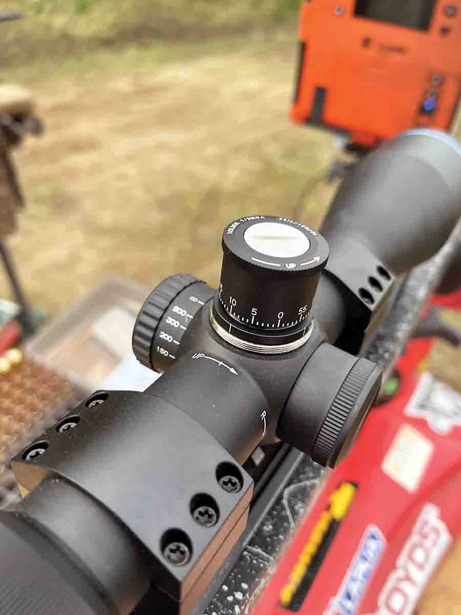 The test rifle was topped with a Huskemaw Optics Blue Diamond 5-20x 50mm Riflescope set in Burris Xtreme Tactical Rings. This optic includes a TrueBC ballistic compensating turret and patented wind hold HuntSmart reticle.